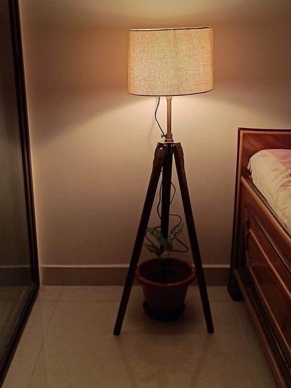 Tripod Floor Lamp with Shade Wooden, Brass Finish