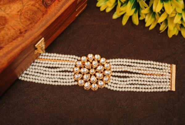 Classic Gold Plated Kundan Flower Pearl Choker Set