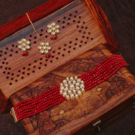 Classic Gold Plated Kundan Flower Ruby Choker Set With Earrings And Tikka