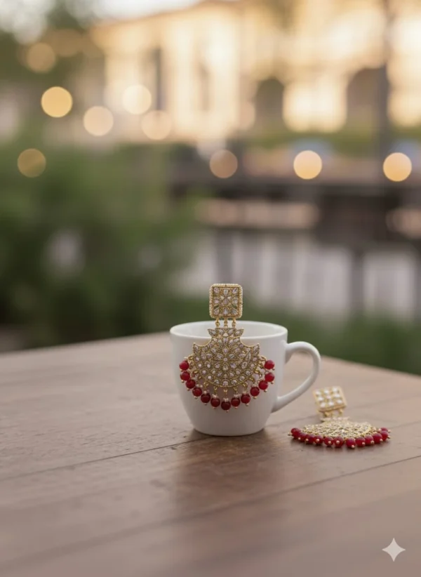 Gold-Plated Kundan and Red Beaded Chandbali Earrings