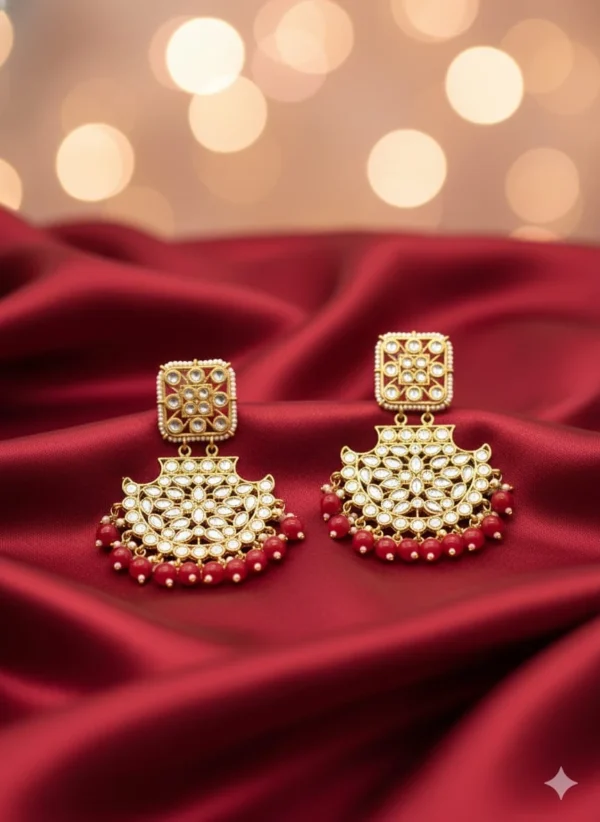 Gold-Plated Kundan and Red Beaded Chandbali Earrings