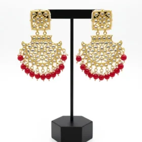 Gold-Plated Kundan and Red Beaded Chandbali Earrings