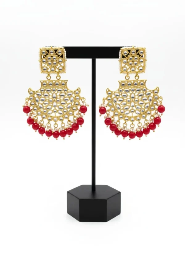 Gold-Plated Kundan and Red Beaded Chandbali Earrings