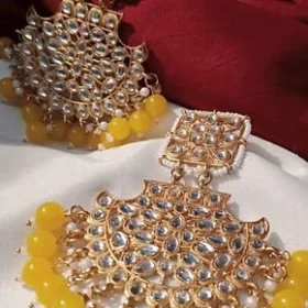 Gold-Plated Kundan and Red Beaded Chandbali Earrings