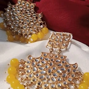 Gold-Plated Kundan and Red Beaded Chandbali Earrings