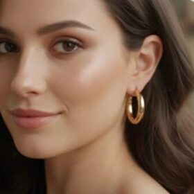 Gold hoop earring collection on black display stand