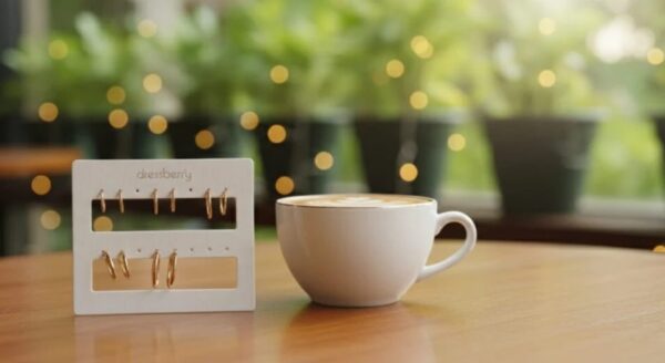 Gold hoop earring collection on black display stand