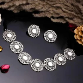 Floral Disc Oxidized Necklace Set