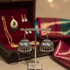 Oxidized Silver Mirror Work Jhumka Earrings with Ghungroo