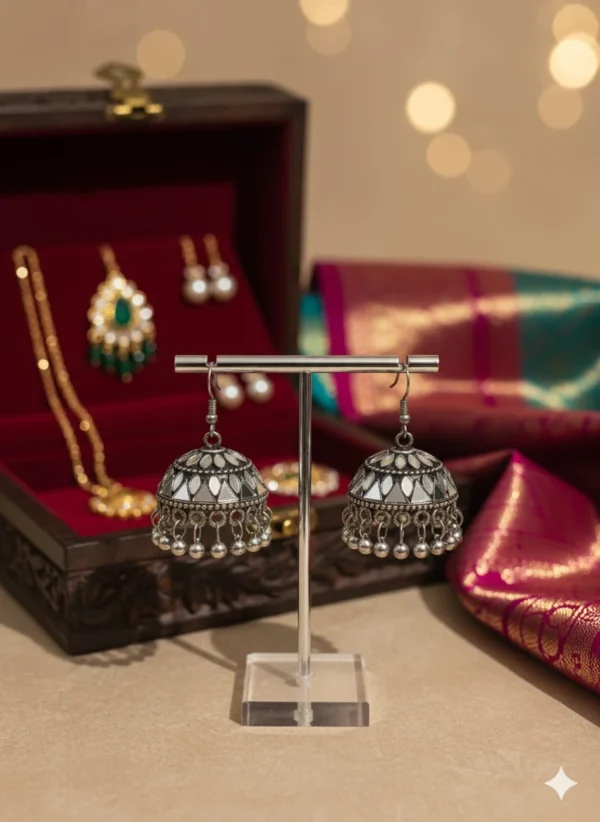 Oxidized Silver Mirror Work Jhumka Earrings with Ghungroo