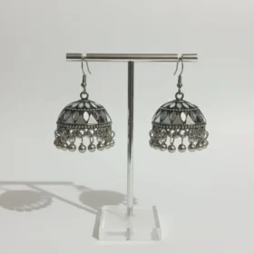 Oxidized Silver Mirror Work Jhumka Earrings with Ghungroo