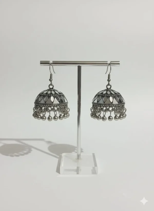 Oxidized Silver Mirror Work Jhumka Earrings with Ghungroo
