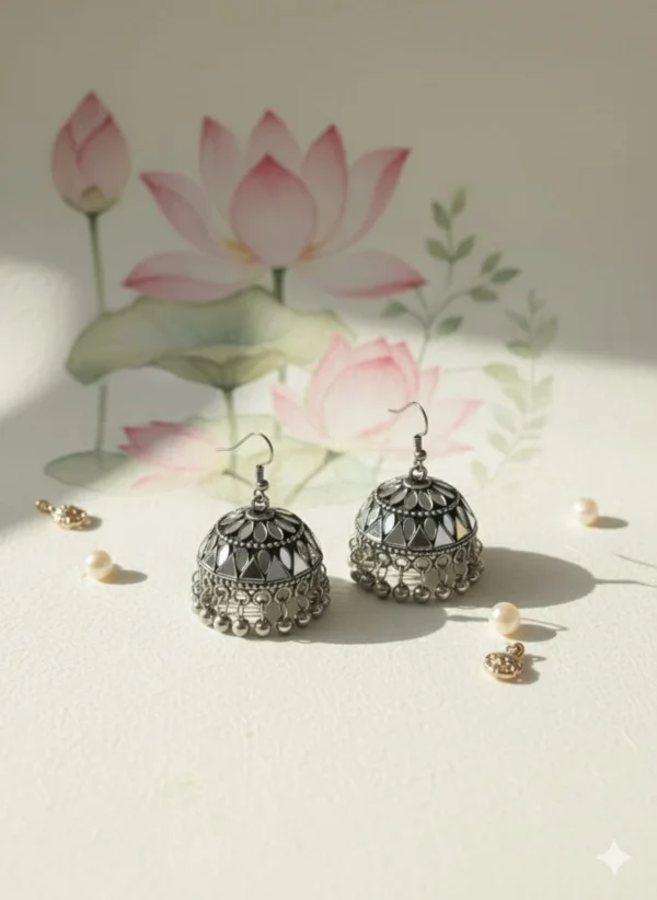 Oxidized Silver Mirror Work Jhumka Earrings with Ghungroo