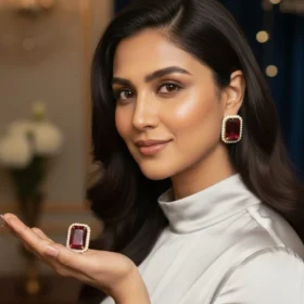 Pave Bordered Rectangular Red Stone Stud Earrings