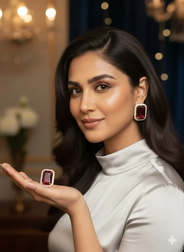 Pave Bordered Rectangular Red Stone Stud Earrings