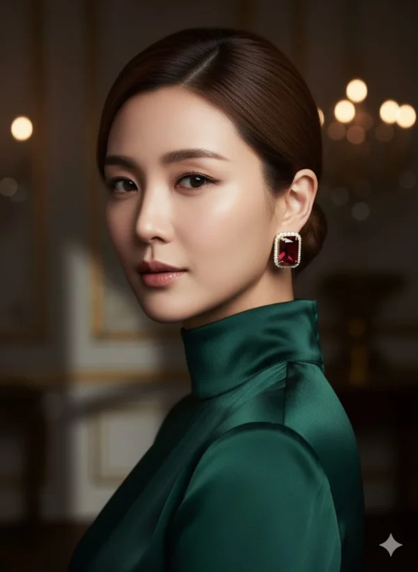 Pave Bordered Rectangular Red Stone Stud Earrings