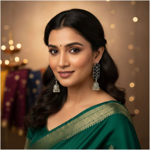 Oxidized Silver Black Stone Rectangular Jhumka Earrings