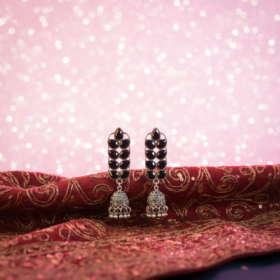 Oxidized Silver Black Stone Rectangular Jhumka Earrings