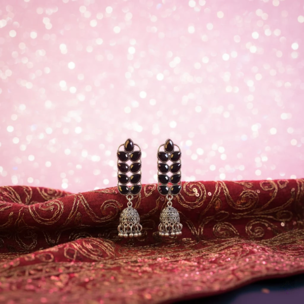 Oxidized Silver Black Stone Rectangular Jhumka Earrings