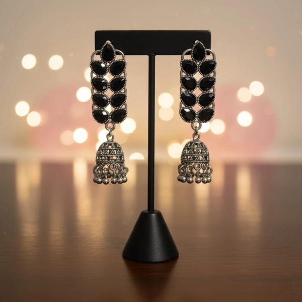 Oxidized Silver Black Stone Rectangular Jhumka Earrings