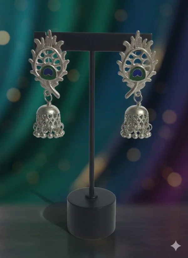 Oxidized Silver Enamel Peacock Jhumka Earrings