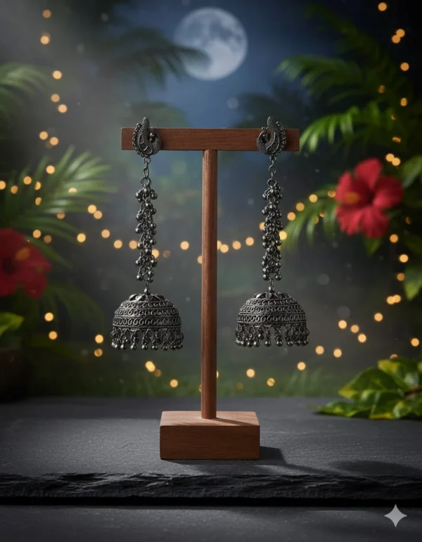 Extra Long Oxidized Chain Jhumka Earrings