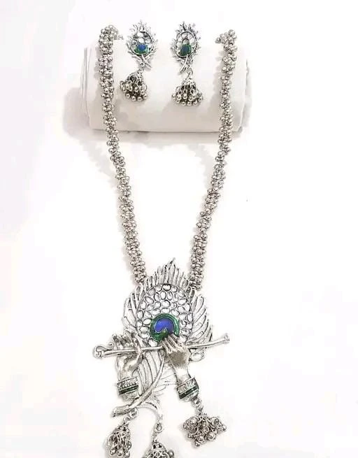 Oxidised Silver Krishna Flute Pendant Necklace Set