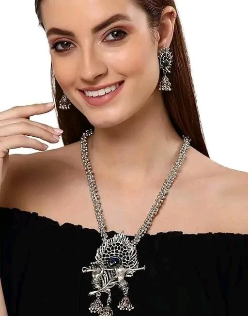 Oxidised Silver Krishna Flute Pendant Necklace Set