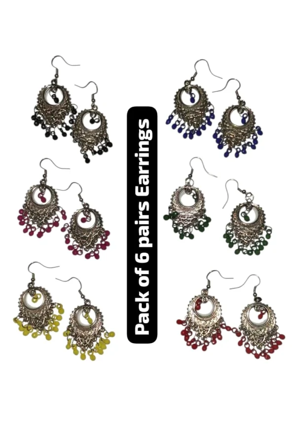 Oxidised Multi-Color Bead Jhumka Earring (Pack of 6)