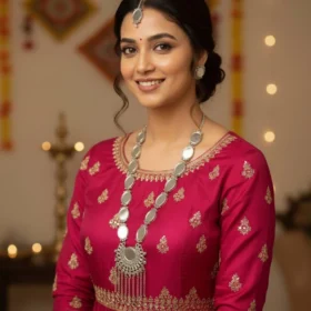 Oxidised Silver Stone-Studded Long Necklace Set