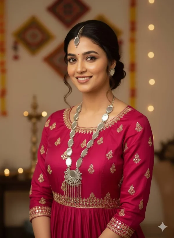 Oxidised Silver Stone-Studded Long Necklace Set