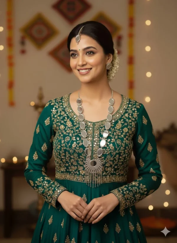 Oxidised Silver Stone-Studded Long Necklace Set