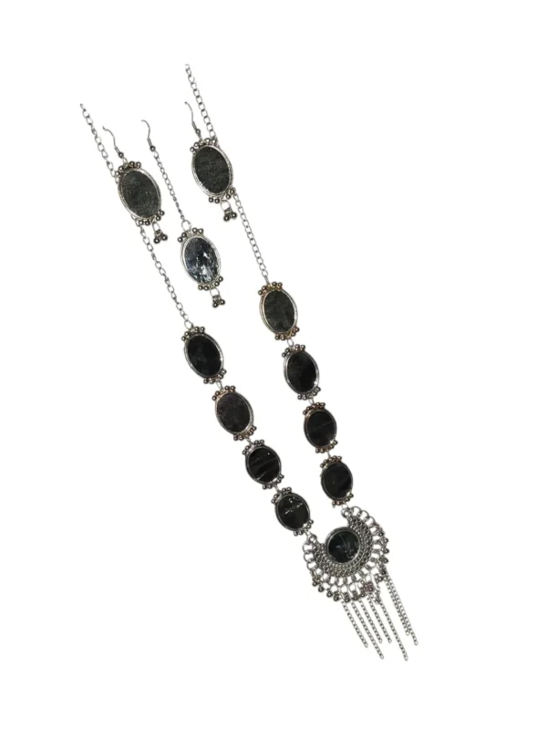 Oxidised Silver Stone-Studded Long Necklace Set