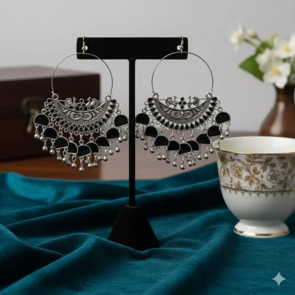 Black Enamel Jhumka Hoop Earrings