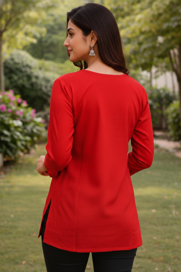 Women's Radiant Red Cotton Silk Embroidered Short Kurti
