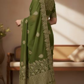 Elegant Olive Green Georgette Saree with Golden Zari Embroidery and Intricate Border