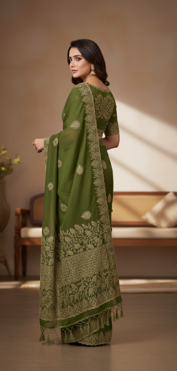 Elegant Olive Green Georgette Saree with Golden Zari Embroidery and Intricate Border