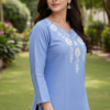 Women's Sky Blue Cotton Silk Embroidered Short Kurti