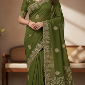 Elegant Olive Green Georgette Saree with Golden Zari Embroidery and Intricate Border