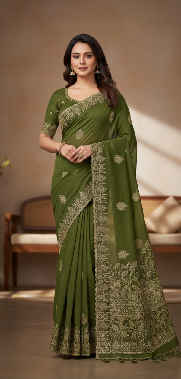 Elegant Olive Green Georgette Saree with Golden Zari Embroidery and Intricate Border