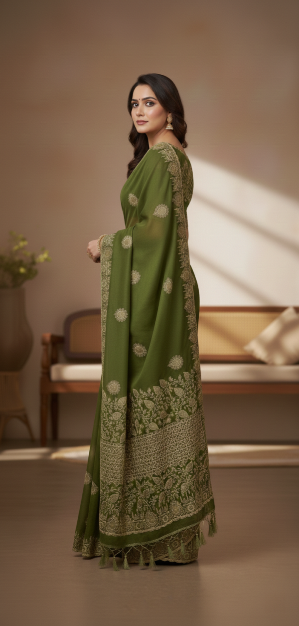 Elegant Olive Green Georgette Saree with Golden Zari Embroidery and Intricate Border