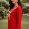 Women's Radiant Red Cotton Silk Embroidered Short Kurti