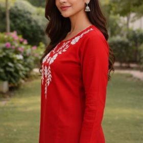 Women's Radiant Red Cotton Silk Embroidered Short Kurti