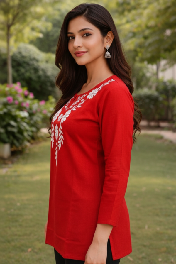 Women's Radiant Red Cotton Silk Embroidered Short Kurti