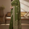 Elegant Olive Green Georgette Saree with Golden Zari Embroidery and Intricate Border