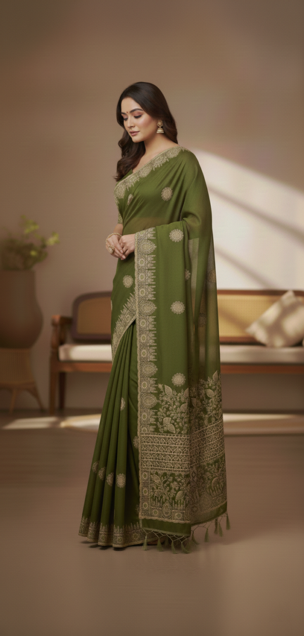 Elegant Olive Green Georgette Saree with Golden Zari Embroidery and Intricate Border