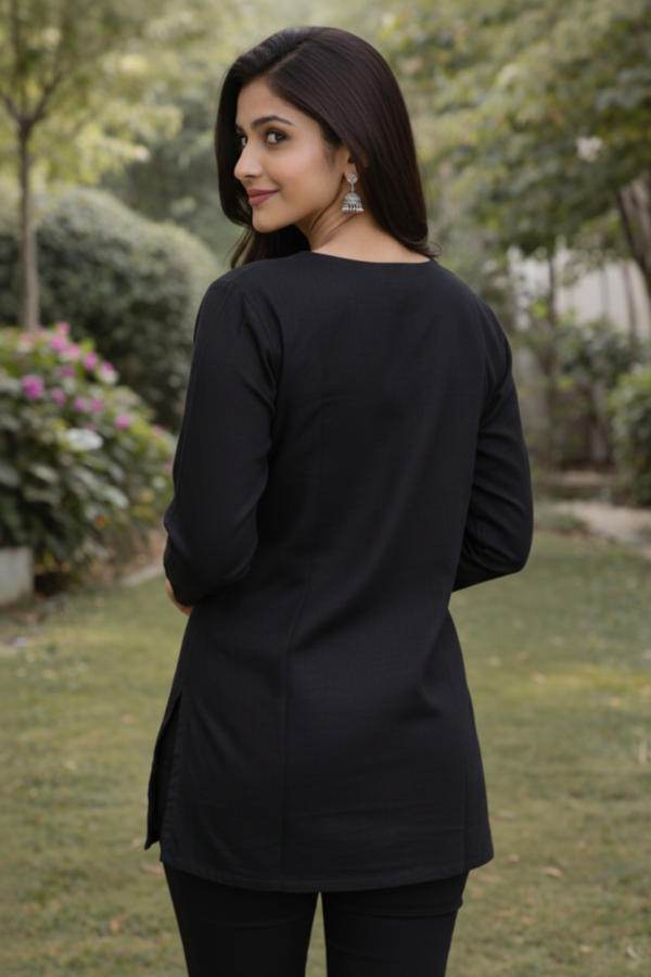 Women's Jet Black Cotton Silk Embroidered Short Kurti