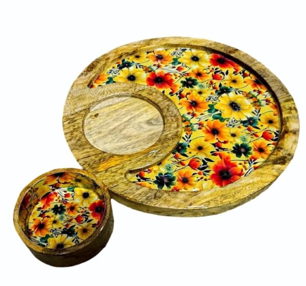 Round Wooden Platter with Dip for Serving