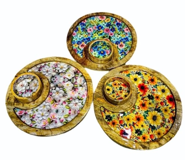 Round Wooden Platter with Dip for Serving