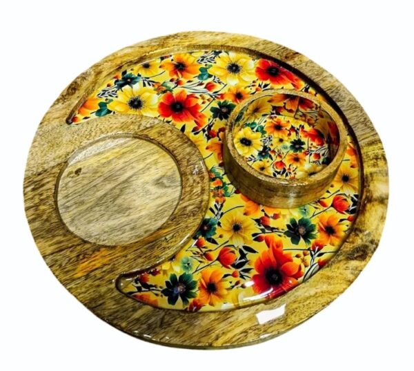Round Wooden Platter with Dip for Serving